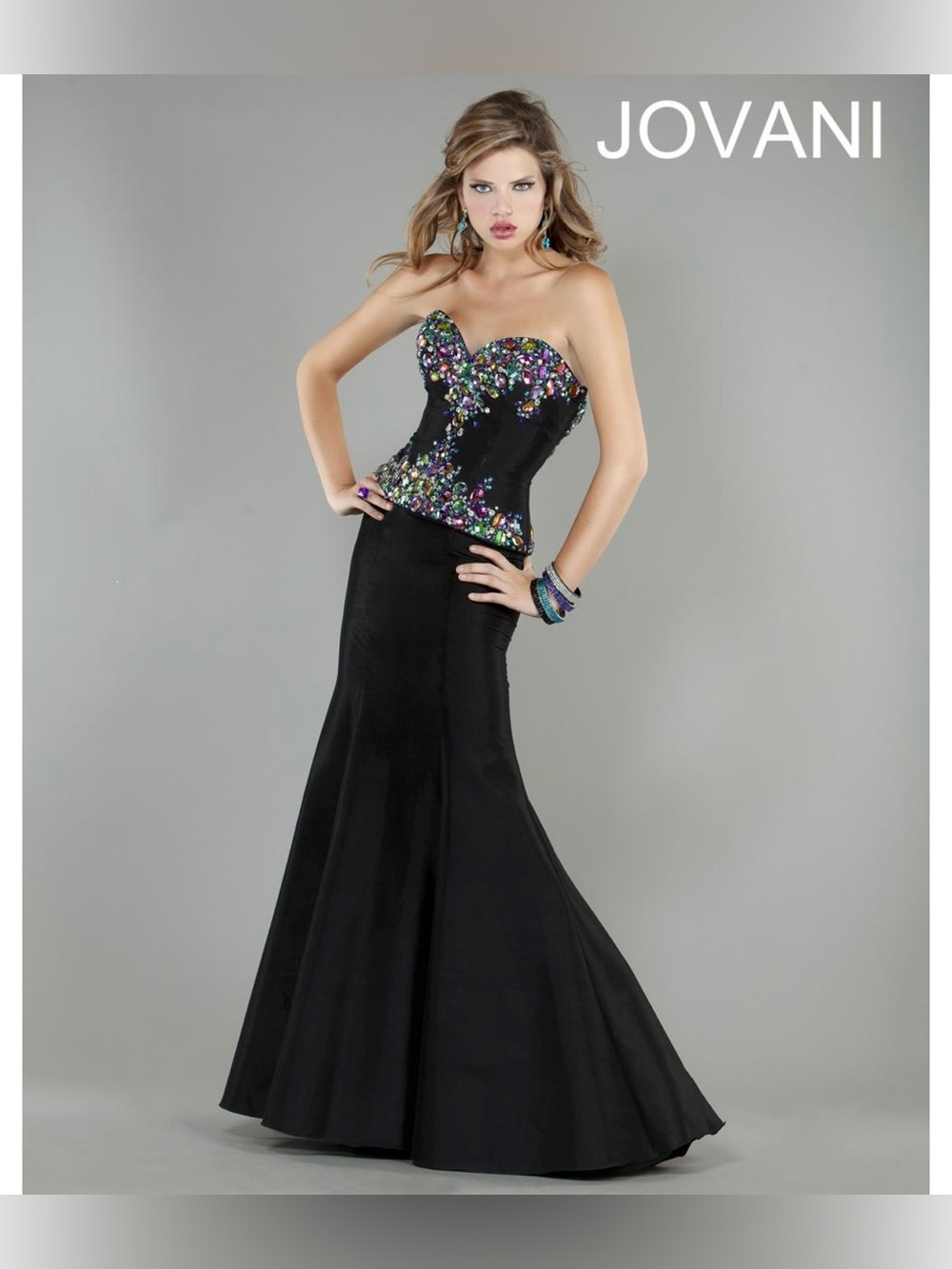 Jovani Black Strapless Beaded Mermaid Gown with Multicolor Gems